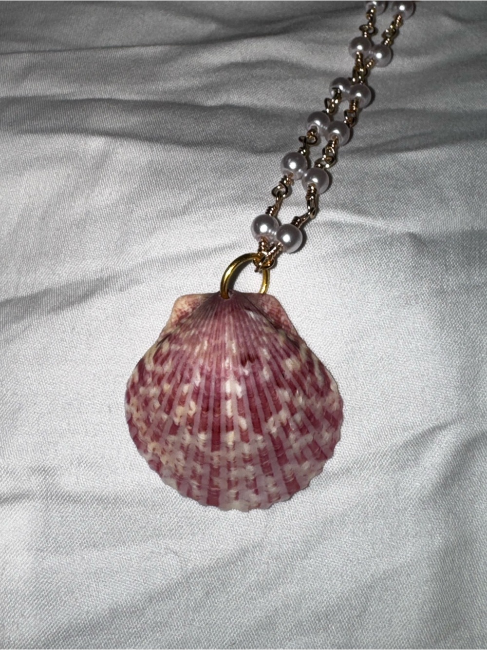 Gold Pearl Chain Necklace with Pink Shell Pendant - Picture 10 of 12